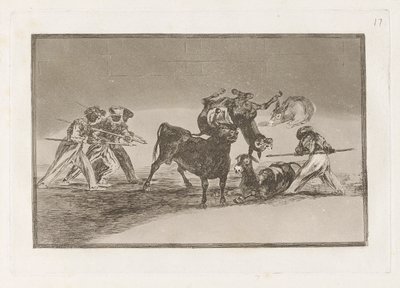 De Moren gebruiken ezels als barrière om zichzelf te verdedigen tegen de stier waarvan de hoorns zijn voorzien van ballen, Plaat 17 uit La tauromaquia door Francisco de Goya