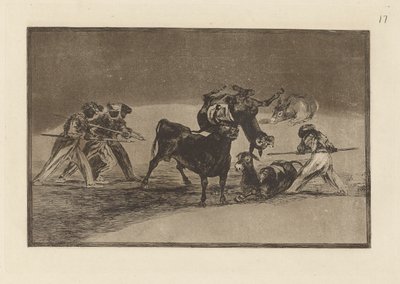 De Moren gebruiken ezels als barrière om zichzelf te verdedigen tegen de stier waarvan de hoorns zijn voorzien van ballen, Plaat 17 uit La tauromaquia door Francisco de Goya