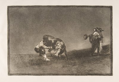 Plaat 16 van de Tauromaquia: Dezelfde man werpt een stier in de arena in Madrid, 1816 door Francisco de Goya