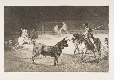 Plaat 27 uit de Tauromaquia: De beroemde picador, Fernando del Toro, trekt de fier... door Francisco de Goya