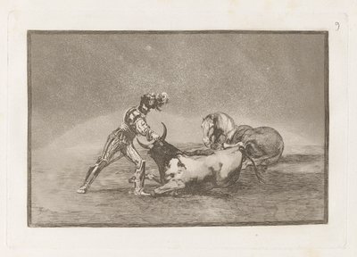 Een Spaanse ridder doodt de stier nadat hij zijn paard heeft verloren, Plaat 9 uit La tauromaquia door Francisco de Goya
