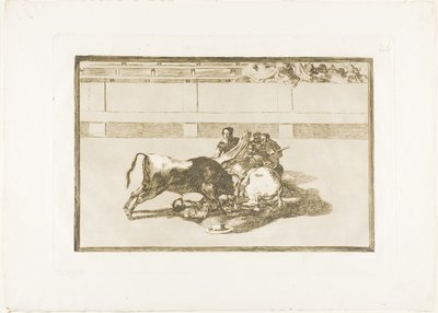 Een picador wordt van zijn paard geworpen en valt onder de stier, plaat 26 uit De kunst van het stierenvechten door Francisco Jose de Goya y Lucientes