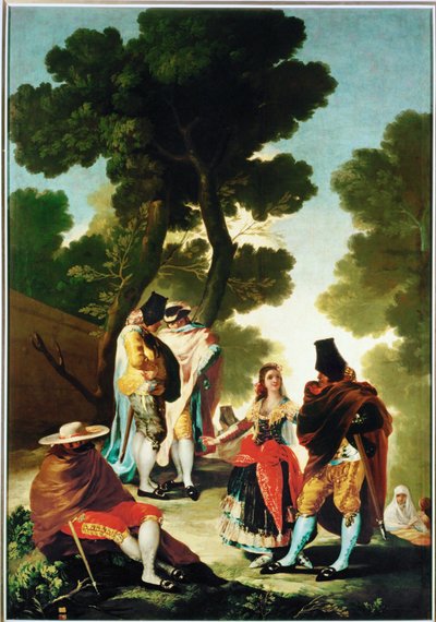 La maja y los Embozados - de maja en de gemaskerde mannen, cartoon voor het wandtapijt 40-06-09/42 ... (schilderij op doek) door Francisco Jose de Goya y Lucientes