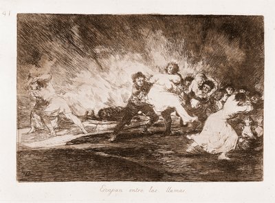 De rampen van de oorlog: Ze ontsnappen door de vlammen (ets van tekening) door Francisco de Goya