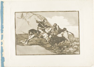 De manier waarop de oude Spanjaarden stieren te paard in het open veld jaagden, plaat één uit De kunst van het stierenvechten door Francisco Jose de Goya y Lucientes