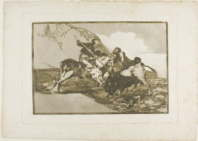 De manier waarop de oude Spanjaarden stieren te paard in het open veld jaagden, plaat één uit De kunst van het stierenvechten door Francisco Jose de Goya y Lucientes