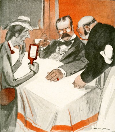Een Engels stel worstelt met het menu in een Frans restaurant, 1903 door Francisco Sancha y Lengo