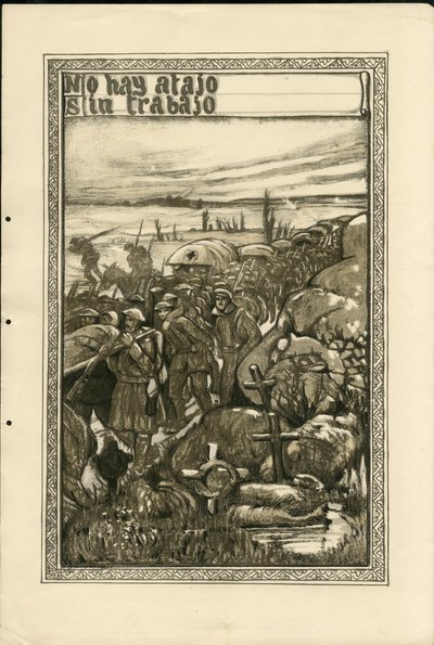 Illustratie van Francisco Sancha Lengo - Vliegend blad, circa 1915 - No hay atajo sin trabajo - Oorlog van 14-18, Loopgraven, Spaanse taal, Buitenlandse pers - Gevangenen door Francisco Sancha y Lengo