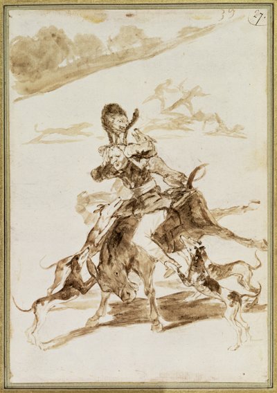Honden die een man op een muilezel aanvallen door Francisco de Goya