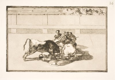 Een picador wordt van zijn paard geworpen en valt onder de stier door Francisco de Goya