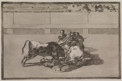 Een picador wordt van het paard geworpen en valt onder de stier door Francisco de Goya