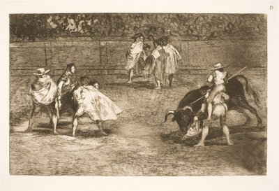 Een stierenvechter, zittend op de schouders van een helper, steekt een stier door Francisco de Goya