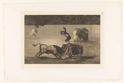 Stierenvechter staand op een tafel in de arena door Francisco de Goya