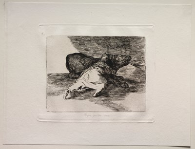De Verschikkingen van de Oorlog: Hij Krijgt Er Iets Uit. door Francisco de Goya