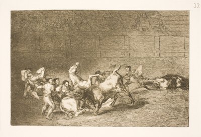 Twee picadors worden een voor een omvergeworpen door een enkele stier door Francisco de Goya
