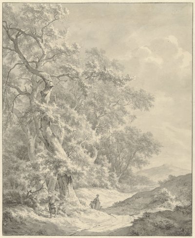 Landschap met wandelaars op pad langs bos door Franciscus Andreas Milatz