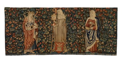 Mille fleurs wandtapijt, altaarfront, met drie heiligen, St. Anna, St. Clara en St. Euphemia, gemaakt ca. 1500, Frans of Vlaams door Franco-Flemish School