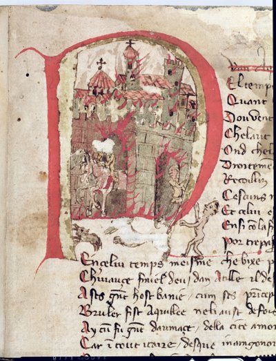 Ms Est 27 W 8.17 f.1r Geïllustreerde initiaal met afbeelding van Attila de Hun (ca.406-453) die de stad Aquila in brand steekt, uit De Oorlog van Attila door Nicola da Casola door Franco Italian School