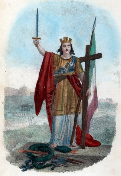 Risorgimento: Allegorische voorstelling van het triomferende Italië dat op de slang van de corrupte kerk staat en een zwaard met een kruis en een vlag heft, symbolen van het politieke, religieuze en burgerlijke risorgimento) Frontispice uit 