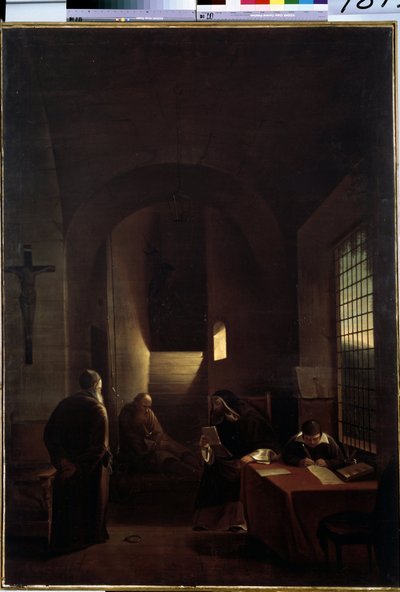 De Italiaanse astronoom Galileo Galilei (Galilee) (1564-1642) in zijn cel in Florence tijdens de Inquisitie door Francois Marius Granet
