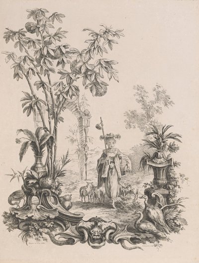 Jonge Chinese vrouw lopend, omringd door haar schapen, ca. 1740-50 door Francois Antoine Aveline