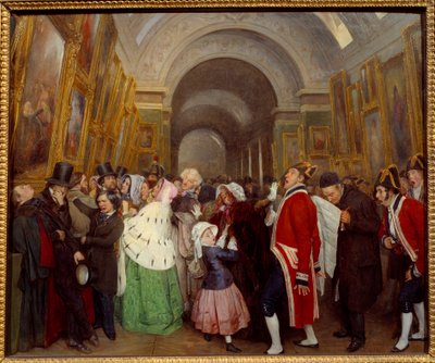 Vier uur in de Salon Sluiting van de jaarlijkse schilderijententoonstelling in de Grande Galerie du Louvre. door François Auguste Biard