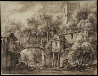 Architectonisch capriccio met de molen van Quiquengrogne bij Charenton door François Boucher