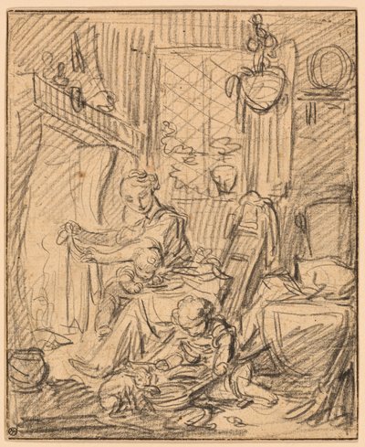 Huiselijke Scene: Moeder met Twee Kleine Kinderen voor een Schouw door François Boucher