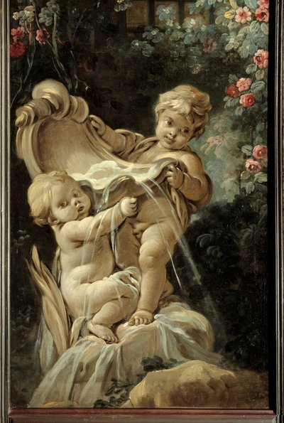 Deurpaneel van de woonkamer Demarteau: fontein met twee liefdes, waarvan één knielt door François Boucher
