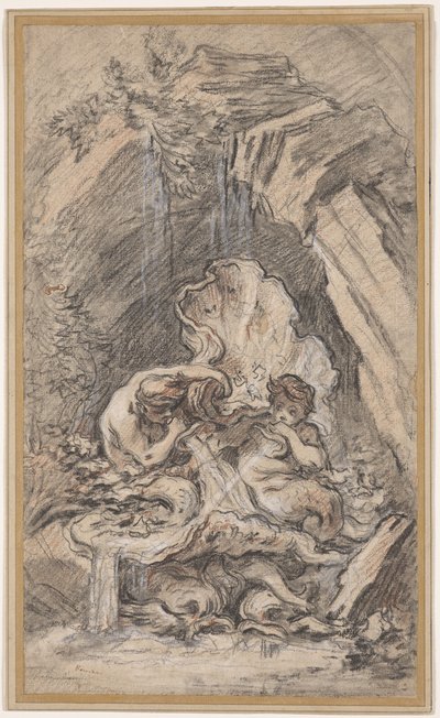 Fontein met Twee Tritons die Schelphoorns Blazen door François Boucher