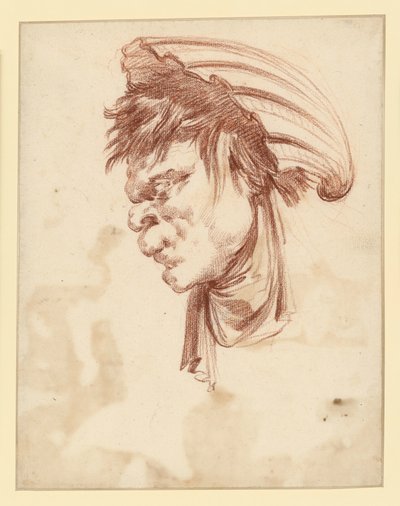 Grotesk hoofd in profiel naar links, met een schelp als hoofddeksel door François Boucher