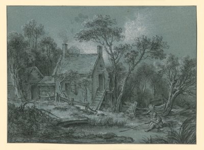 Huis met een trap tussen de bomen, met daarvoor een visser door François Boucher