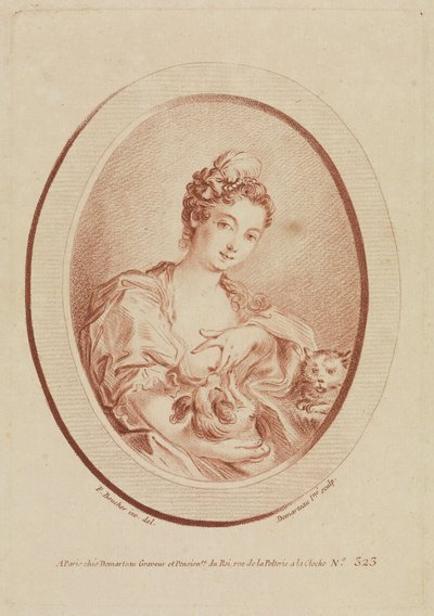 Jonge vrouw met schoothondje en katje door François Boucher