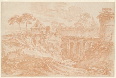 Landschap met een toren en een brug door François Boucher