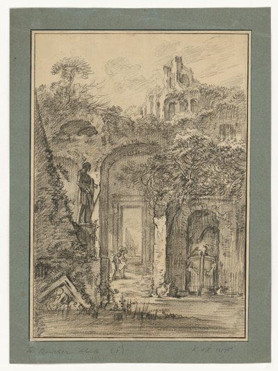 Landschap met Romeinse ruïnes en enkele figuren door François Boucher