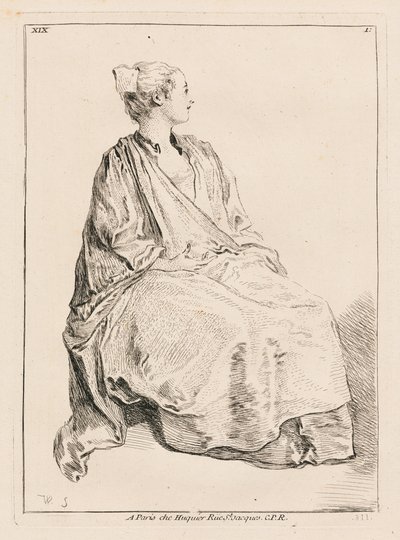 Zittende vrouw naar rechts gewend door François Boucher