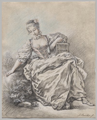 Zittende vrouw met een vogelkooi in haar handen door François Boucher