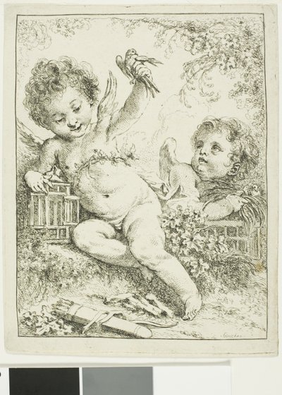 Twee Putti met een Vogel door François Boucher