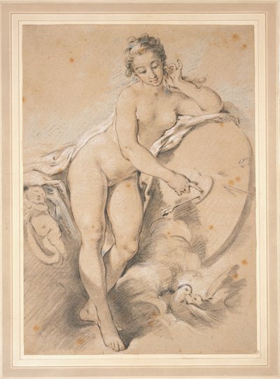 Staande Venus, die naar een hart op een schietschijf met twee duiven wijst door François Boucher