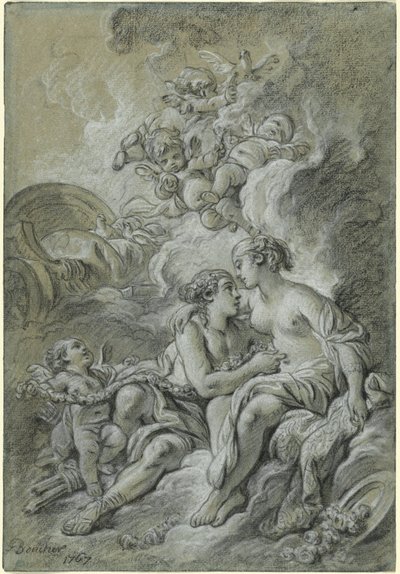 Venus leunde tegen haar geliefde Adonis aan ... door François Boucher