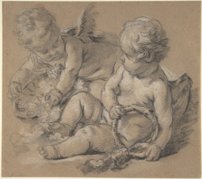 Gevleugelde putti met bloemen door François Boucher