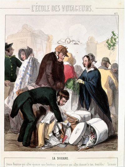 Douane. Douanecontrole van de bruidsschat van een erfgename die ging trouwen met een jonge man. Kleuren gravure door Francois Bouchot (1800-1842), circa 1830. Parijs, Musee Carnavalet door Francois Bouchot