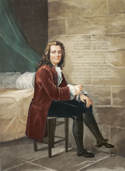 Voltaire gevangen in de Bastille schrijft La Henriade in 1728 door Francois Bouchot