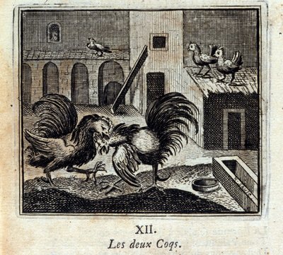 Beide hanen. Fabels van Jean de La Fontaine. Illustratie door François Chauveau. Editie van 1728. door Francois Chauveau