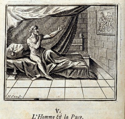 De man en de vlo. Fabels van Jean de La Fontaine. Illustratie door François Chauveau. Editie van 1728. door Francois Chauveau
