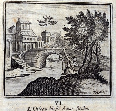 De vogel gewond door een pijl. Fabels van Jean de La Fontaine. Illustratie door François Chauveau. Editie van 1728. door Francois Chauveau