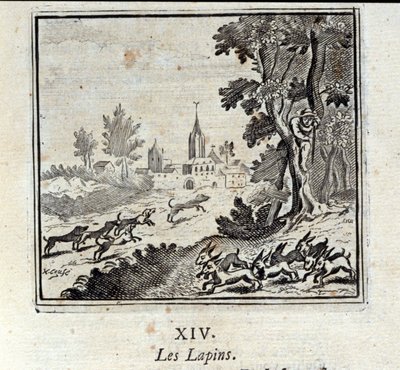 Konijnen. Fabels door Jean de La Fontaine (1621-95). Illustratie door François Chauveau (1613-1676). Editie van 1728. door Francois Chauveau
