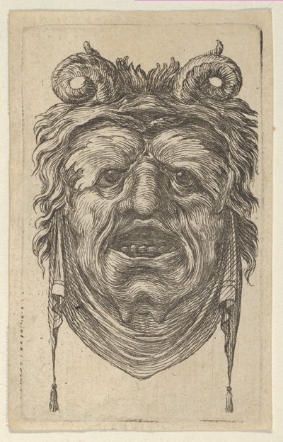Satermasker met gekrulde hoorns, bladerige wenkbrauwen en een doek onder de kin. door Francois Chauveau