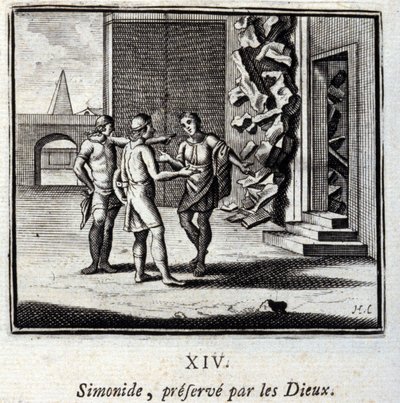 Simonides gered door de goden. Fabels door Jean de La Fontaine (1621-95). Illustratie door François Chauveau (1613-1676). Editie van 1728. door Francois Chauveau
