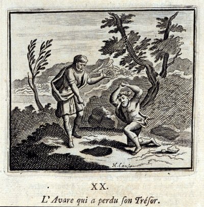 De vrek die zijn schat verloor. Fabels door Jean de La Fontaine (1621-95). Illustratie door François Chauveau (1613-1676). Editie van 1728. door Francois Chauveau